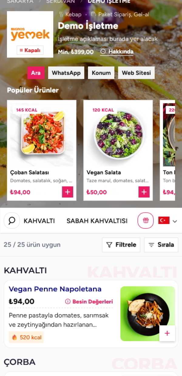 Kare Menü ile açılan bir restoranın QR menü ekranı